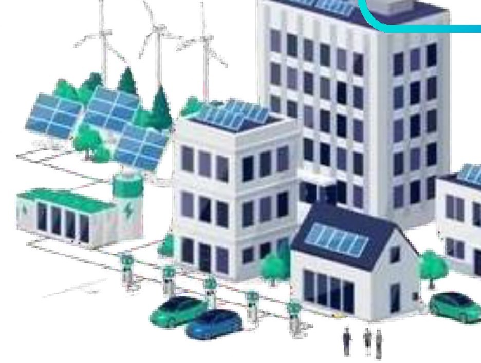 Illustration of solar, battery storage, wind and EV charging powering a city