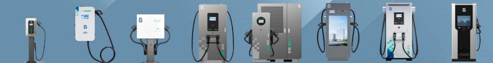 Range of DC fast chargers from wall-mounted units to liquid-cooled stations